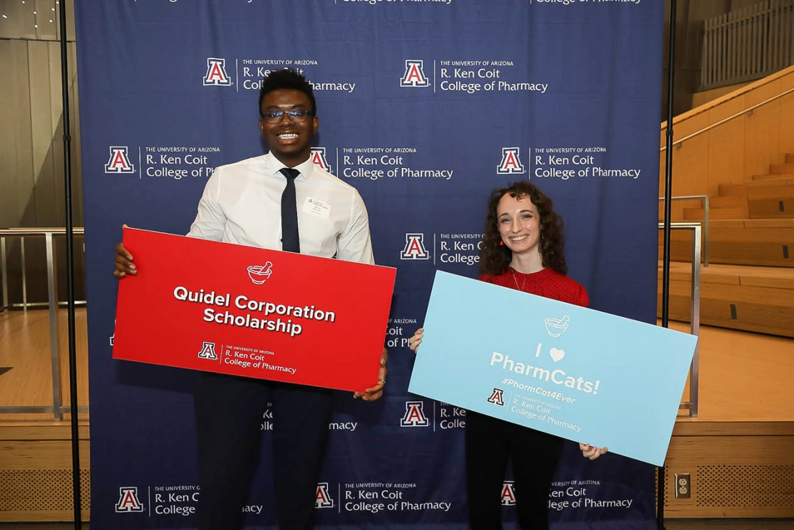 Brielle Edwards (right), a student at the University of Arizona R. Ken Coit College of Pharmacy, was one of five UArizona Health Sciences Quidel Ortho Global Scholarships recipients. Derrick Nwobodo (left), also a Coit College of Pharmacy student, received a QuidelOrtho Global Scholarship last year.